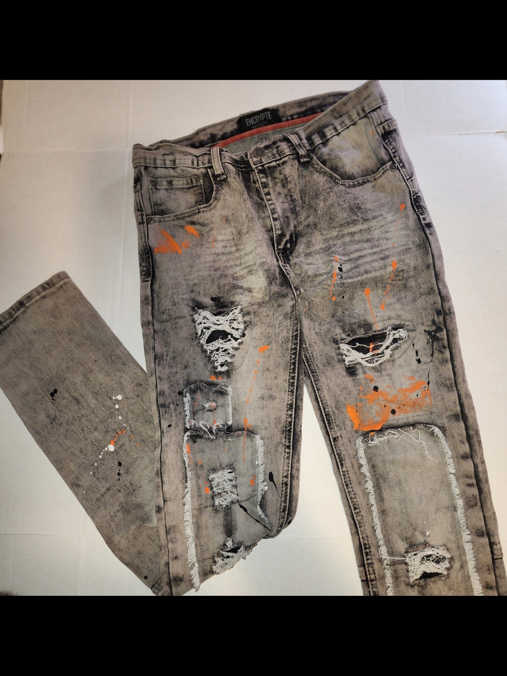 ENCRYPTE Brand Grey Jeans Slim Distressed Boys Orange & Blk Paint Splatter Sz.20